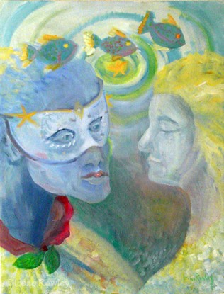 oil painting of man, lady and fish