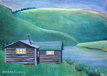 oil painting of Colorado log cabin and lake