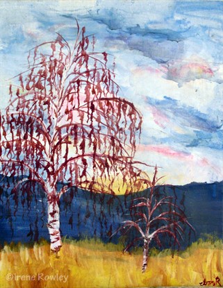 acrylic painting of bircfh trees at sunset