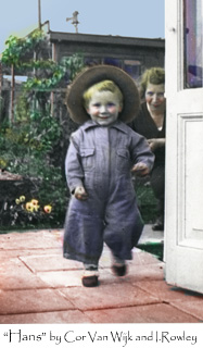 "Hans" color tinted photo of a dutch boy and his mother, by Cor Van Wijk and color tinted by Irene Rowley.